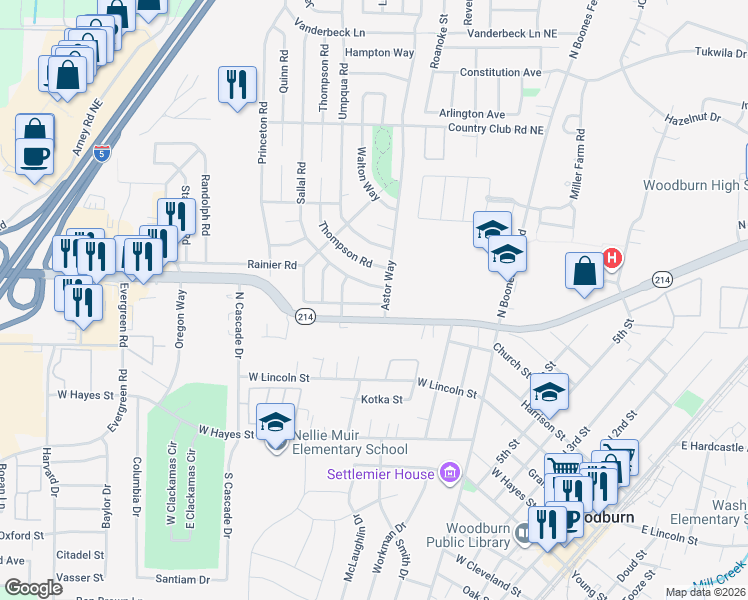 map of restaurants, bars, coffee shops, grocery stores, and more near 1312 Rainier Road in Woodburn