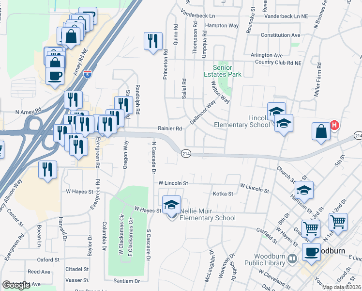 map of restaurants, bars, coffee shops, grocery stores, and more near 1488 Rainier Road in Woodburn
