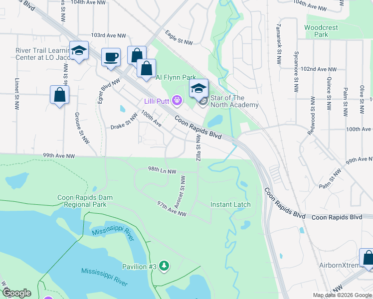 map of restaurants, bars, coffee shops, grocery stores, and more near 1318 Coon Rapids Boulevard Northwest in Coon Rapids