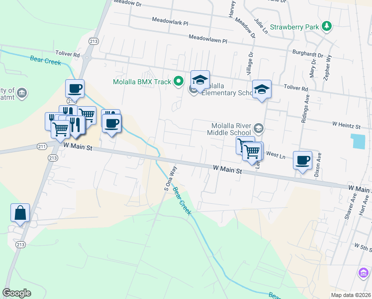 map of restaurants, bars, coffee shops, grocery stores, and more near 1011 West Main Street in Molalla