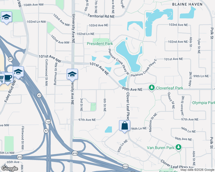map of restaurants, bars, coffee shops, grocery stores, and more near 249 99th Avenue Northeast in Blaine