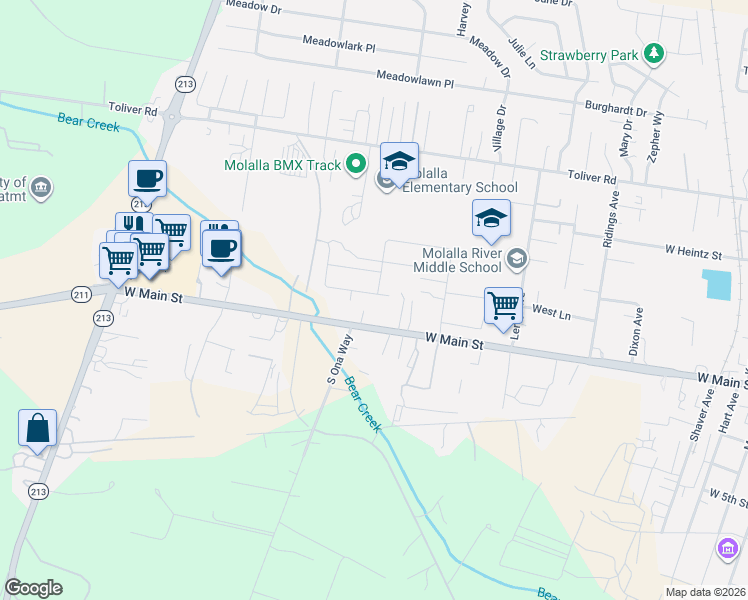 map of restaurants, bars, coffee shops, grocery stores, and more near 902 South View Drive in Molalla