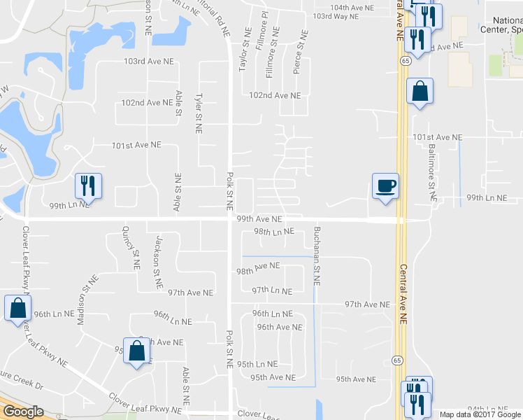 map of restaurants, bars, coffee shops, grocery stores, and more near 9908 Fillmore Street Northeast in Blaine