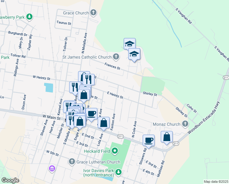 map of restaurants, bars, coffee shops, grocery stores, and more near 335 East Heintz Street in Molalla