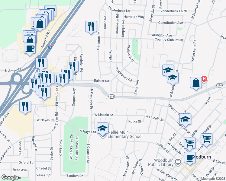 map of restaurants, bars, coffee shops, grocery stores, and more near 1488 Rainier Road in Woodburn