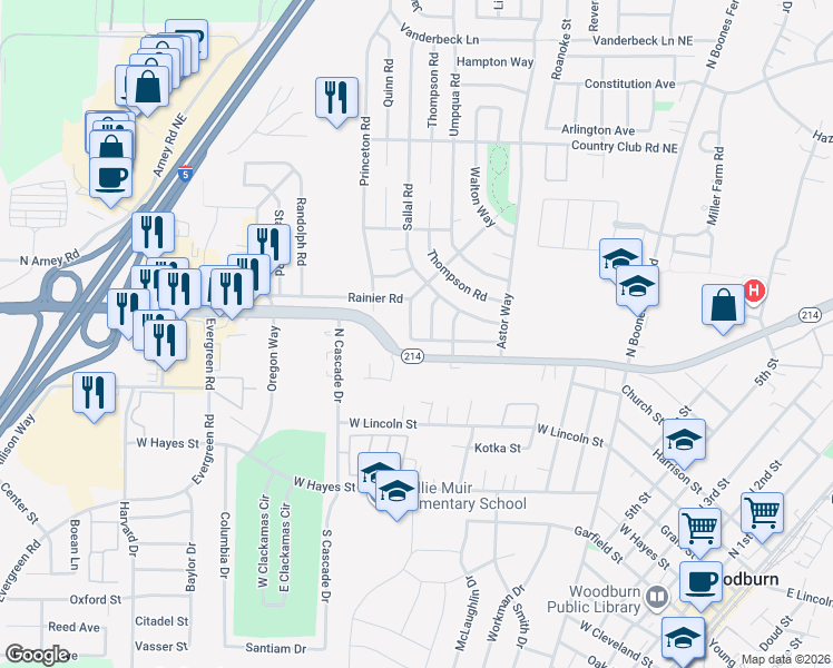 map of restaurants, bars, coffee shops, grocery stores, and more near 1488 Rainier Road in Woodburn