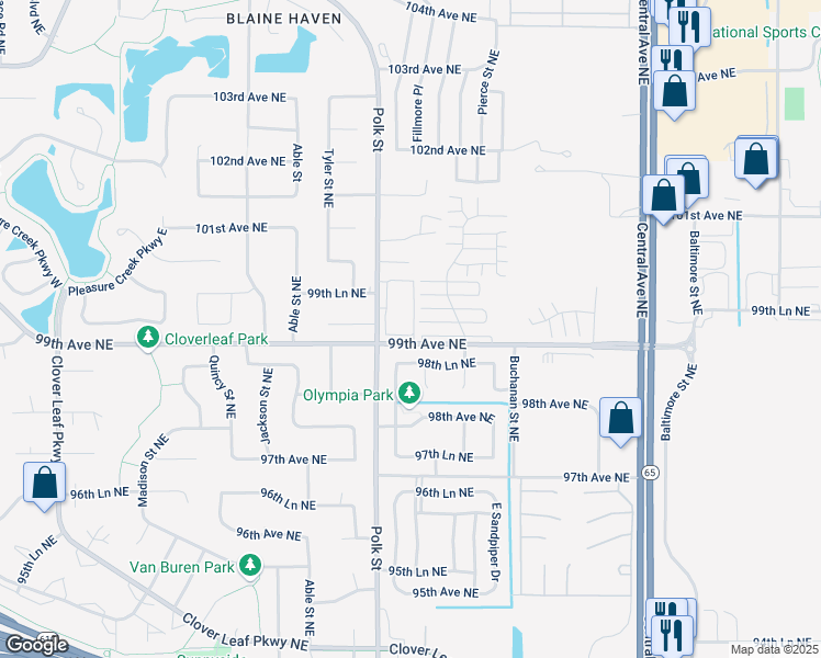 map of restaurants, bars, coffee shops, grocery stores, and more near 1049 98th Lane Northeast in Blaine
