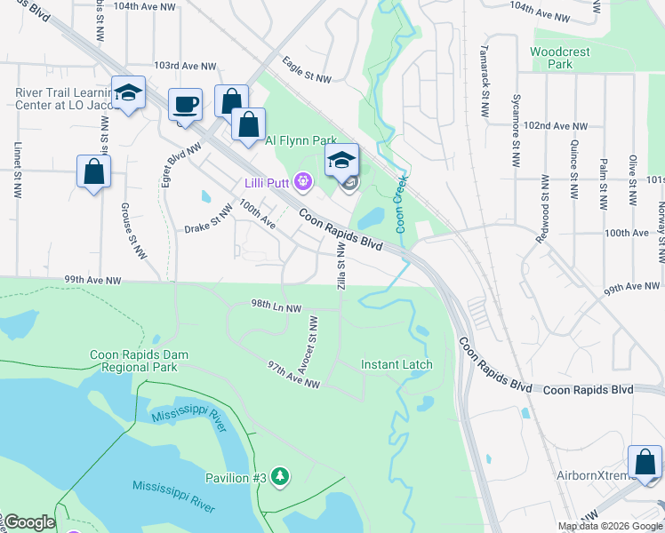 map of restaurants, bars, coffee shops, grocery stores, and more near 9920 Zilla Street Northwest in Coon Rapids
