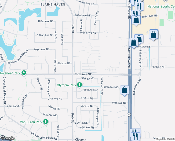 map of restaurants, bars, coffee shops, grocery stores, and more near 9930 Fillmore Street Northeast in Blaine