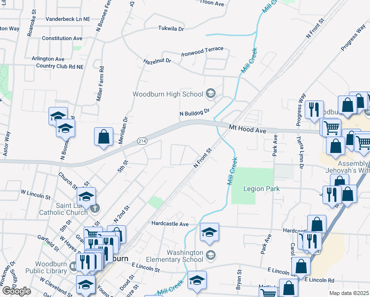 map of restaurants, bars, coffee shops, grocery stores, and more near Stonehedge Place in Woodburn