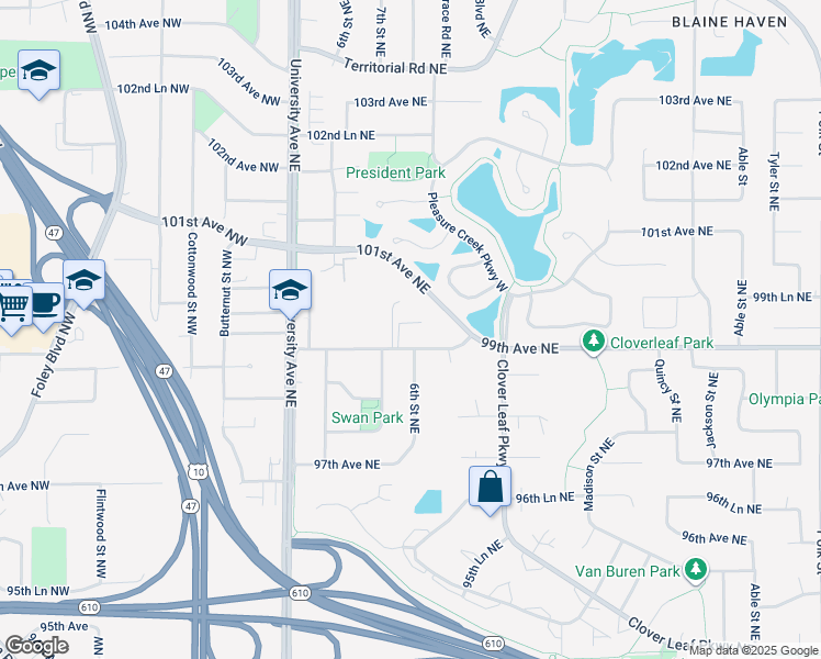 map of restaurants, bars, coffee shops, grocery stores, and more near 106 99th Avenue Northeast in Blaine