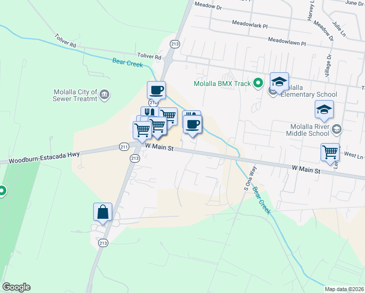 map of restaurants, bars, coffee shops, grocery stores, and more near 12874 Oregon 211 in Molalla