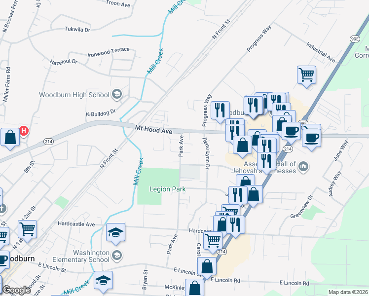 map of restaurants, bars, coffee shops, grocery stores, and more near 1631 Park Avenue in Woodburn