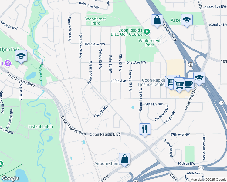 map of restaurants, bars, coffee shops, grocery stores, and more near 9901 Palm Street Northwest in Coon Rapids