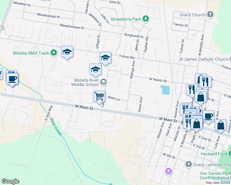 map of restaurants, bars, coffee shops, grocery stores, and more near 539 West Lane in Molalla