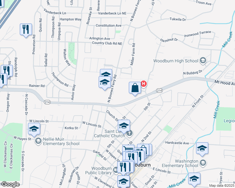 map of restaurants, bars, coffee shops, grocery stores, and more near 950 North Boones Ferry Road in Woodburn