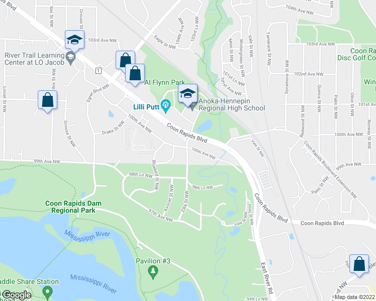 map of restaurants, bars, coffee shops, grocery stores, and more near 9920 Zilla Street Northwest in Coon Rapids