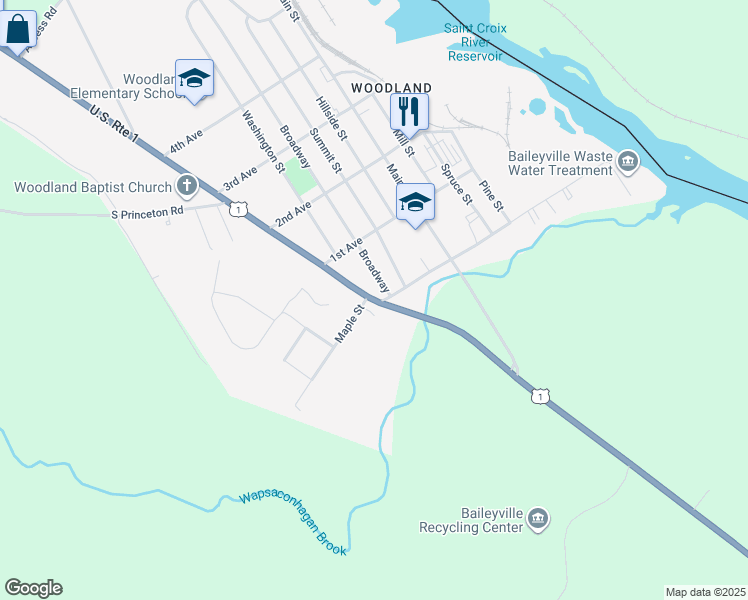 map of restaurants, bars, coffee shops, grocery stores, and more near 741 Houlton Road in Baileyville
