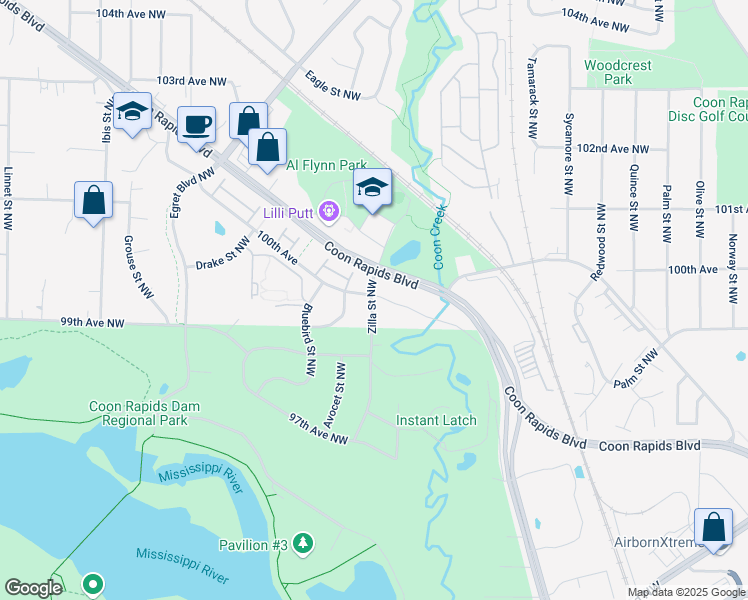 map of restaurants, bars, coffee shops, grocery stores, and more near 9920 Zilla Street Northwest in Coon Rapids
