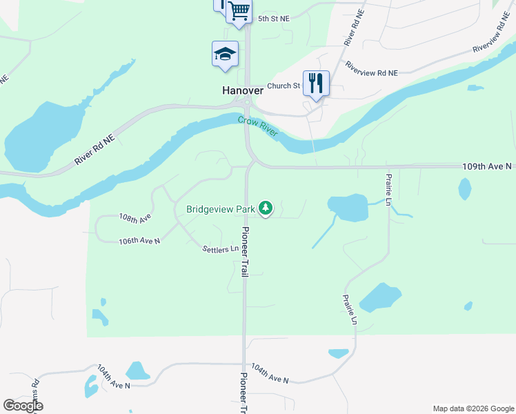 map of restaurants, bars, coffee shops, grocery stores, and more near 30110 107th Avenue North in Hanover