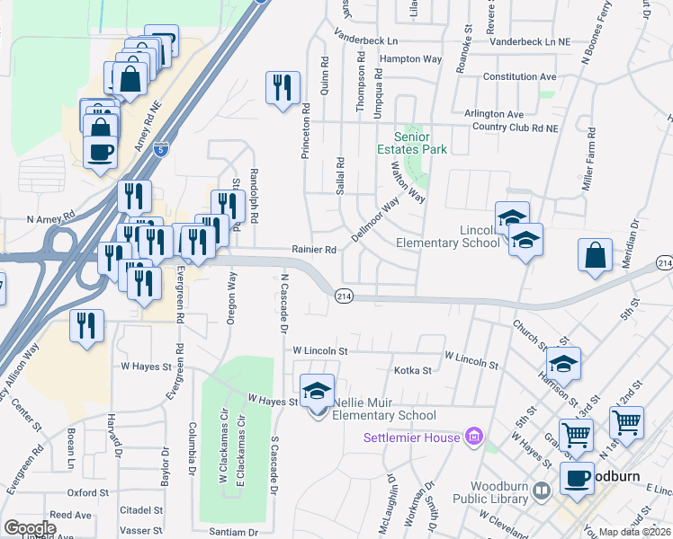 map of restaurants, bars, coffee shops, grocery stores, and more near 1488 Rainier Road in Woodburn