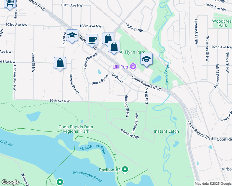 map of restaurants, bars, coffee shops, grocery stores, and more near 1514 99th Circle Northwest in Coon Rapids
