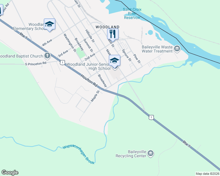 map of restaurants, bars, coffee shops, grocery stores, and more near 785 Houlton Road in Baileyville