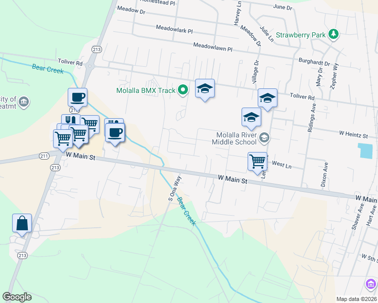 map of restaurants, bars, coffee shops, grocery stores, and more near 300 Doug Fir Lane in Molalla