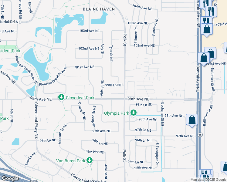 map of restaurants, bars, coffee shops, grocery stores, and more near 941 99th Lane Northeast in Blaine