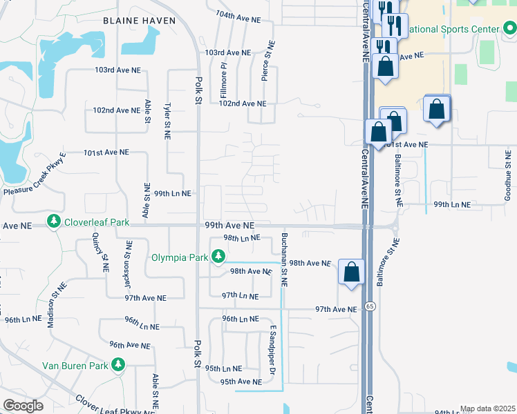 map of restaurants, bars, coffee shops, grocery stores, and more near 9995 Fillmore Street Northeast in Blaine