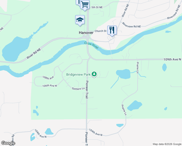 map of restaurants, bars, coffee shops, grocery stores, and more near 30110 107th Avenue North in Hanover