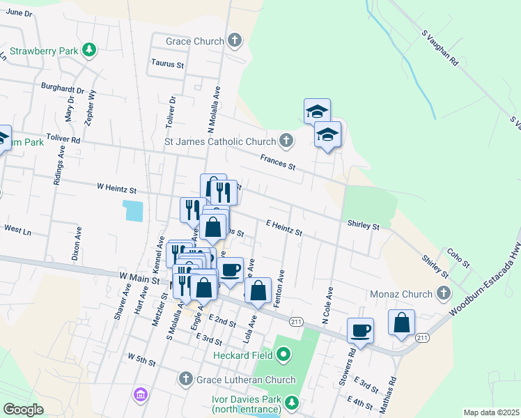 map of restaurants, bars, coffee shops, grocery stores, and more near 301 East Heintz Street in Molalla