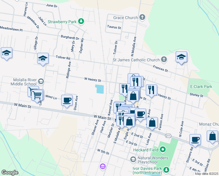 map of restaurants, bars, coffee shops, grocery stores, and more near 422 Kennel Avenue in Molalla
