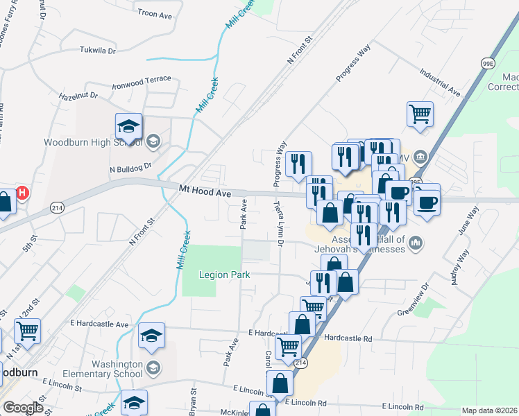 map of restaurants, bars, coffee shops, grocery stores, and more near 1292 Hillsboro-Silverton Highway in Woodburn
