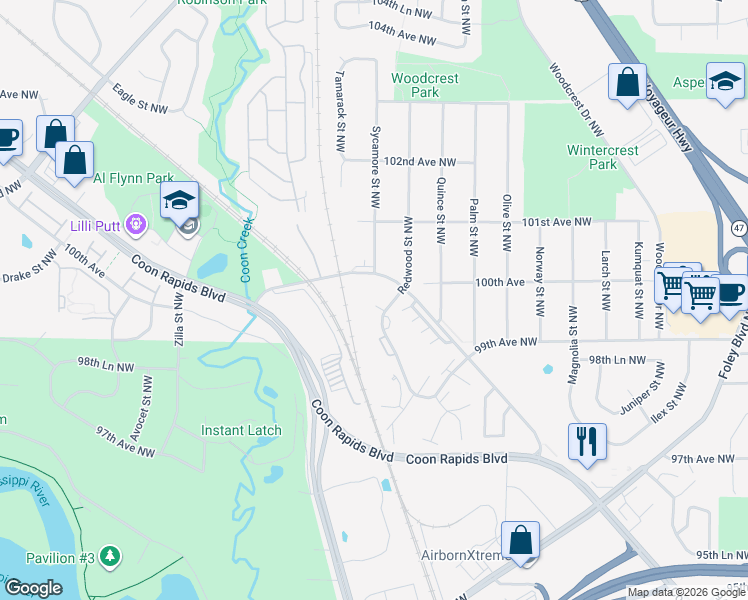 map of restaurants, bars, coffee shops, grocery stores, and more near 935 Coon Rapids Boulevard Extension Northwest in Coon Rapids