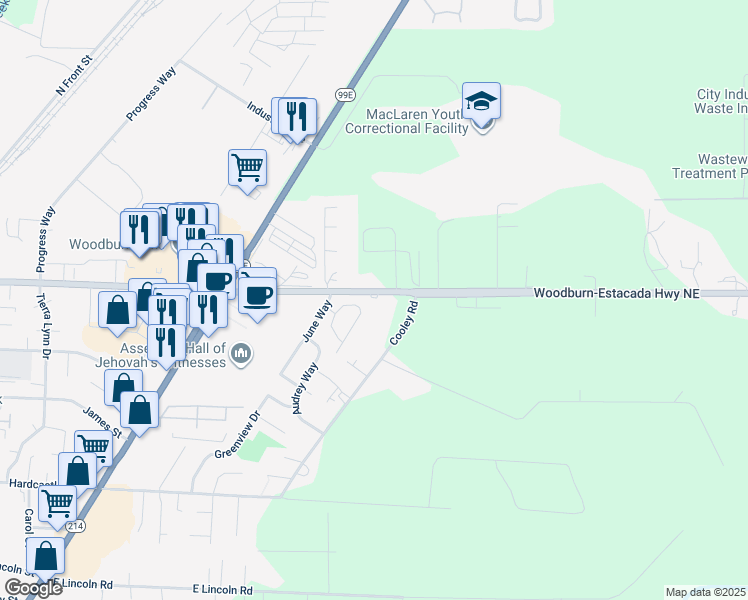 map of restaurants, bars, coffee shops, grocery stores, and more near 2130 Molalla Road in Woodburn