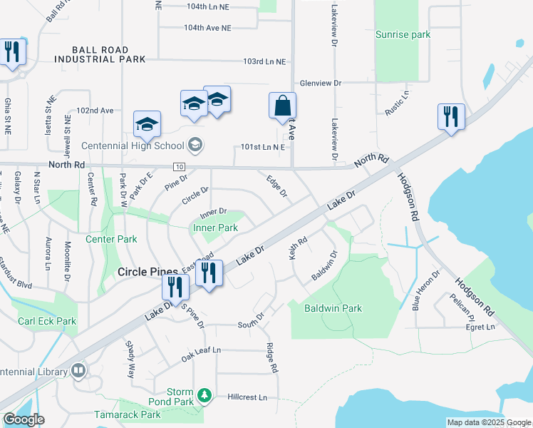 map of restaurants, bars, coffee shops, grocery stores, and more near 62 Circle Drive in Circle Pines