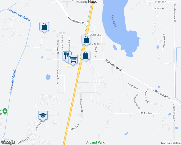 map of restaurants, bars, coffee shops, grocery stores, and more near 13854 Flay Avenue North in Hugo