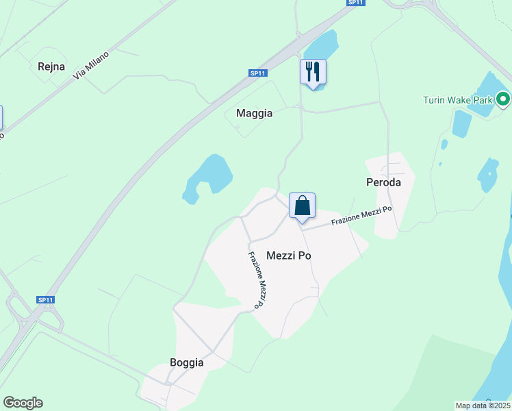 map of restaurants, bars, coffee shops, grocery stores, and more near Frazione Mezzi Po in Città Metropolitana di Torino