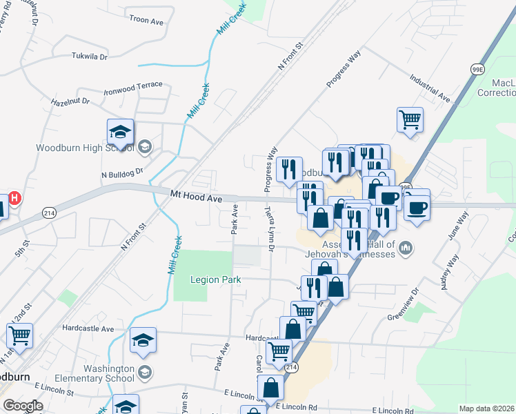 map of restaurants, bars, coffee shops, grocery stores, and more near 1755 Tierra Lynn Drive in Woodburn
