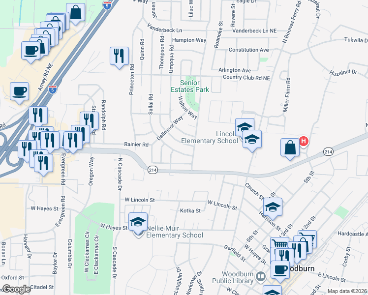 map of restaurants, bars, coffee shops, grocery stores, and more near 1323 Thompson Road in Woodburn