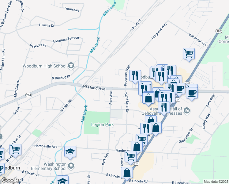 map of restaurants, bars, coffee shops, grocery stores, and more near 1195 Park Circle in Woodburn