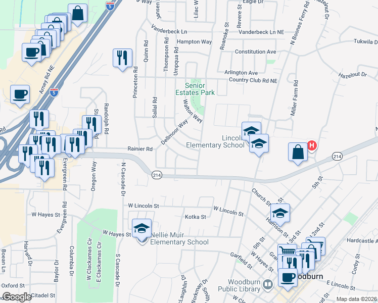 map of restaurants, bars, coffee shops, grocery stores, and more near 1323 Thompson Road in Woodburn
