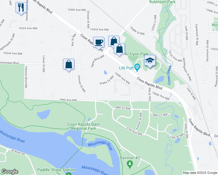 map of restaurants, bars, coffee shops, grocery stores, and more near 10070 Drake Street Northwest in Coon Rapids