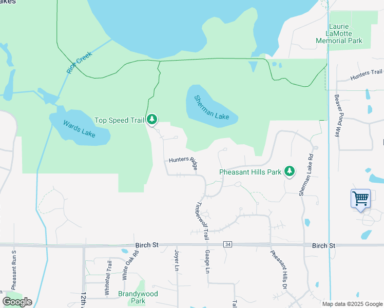 map of restaurants, bars, coffee shops, grocery stores, and more near 1375 Hunters Ridge in Hugo