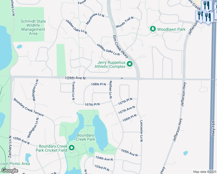 map of restaurants, bars, coffee shops, grocery stores, and more near 9968 108th Place North in Maple Grove
