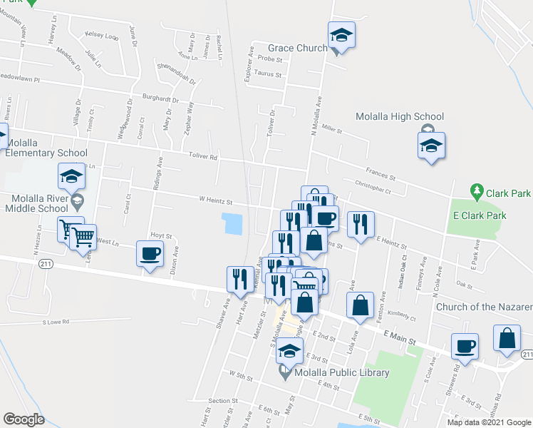 map of restaurants, bars, coffee shops, grocery stores, and more near 422 Kennel Avenue in Molalla