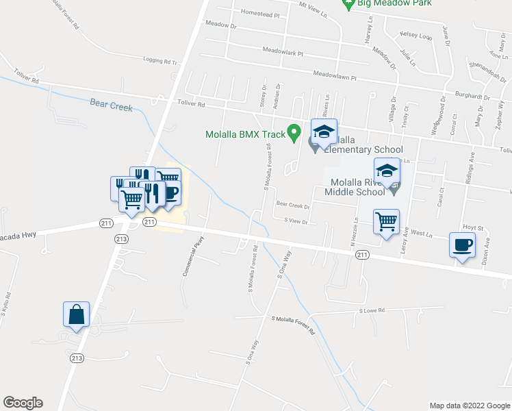 map of restaurants, bars, coffee shops, grocery stores, and more near 13053 Oregon 211 in Molalla