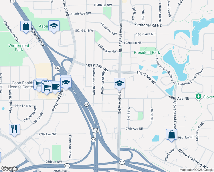 map of restaurants, bars, coffee shops, grocery stores, and more near 9975 Butternut Street Northwest in Coon Rapids