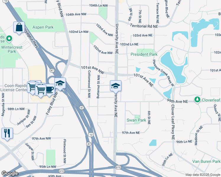 map of restaurants, bars, coffee shops, grocery stores, and more near 9950 University Avenue Northwest in Minneapolis